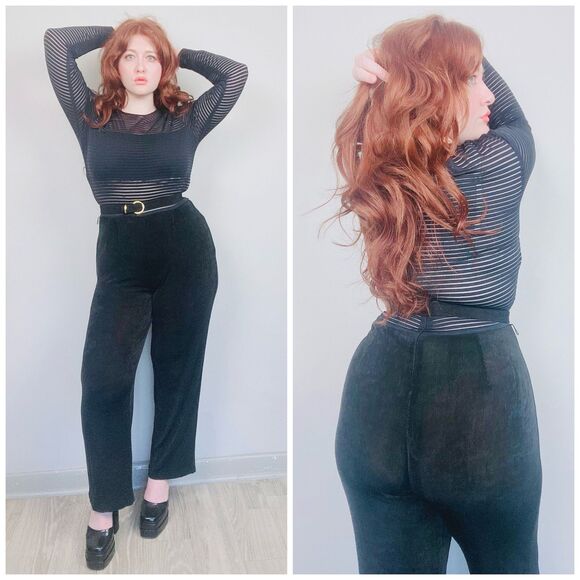 1990s Vintage Sheer Illusion Striped Jumpsuit / 90s Black Spandex Medium - Picture 1 of 6